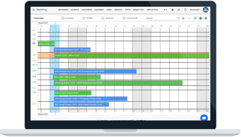 Calendario en el sistema RentProg