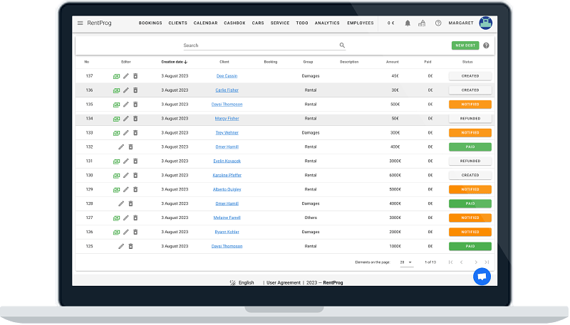 Accounting for customer debts in the RentProg system